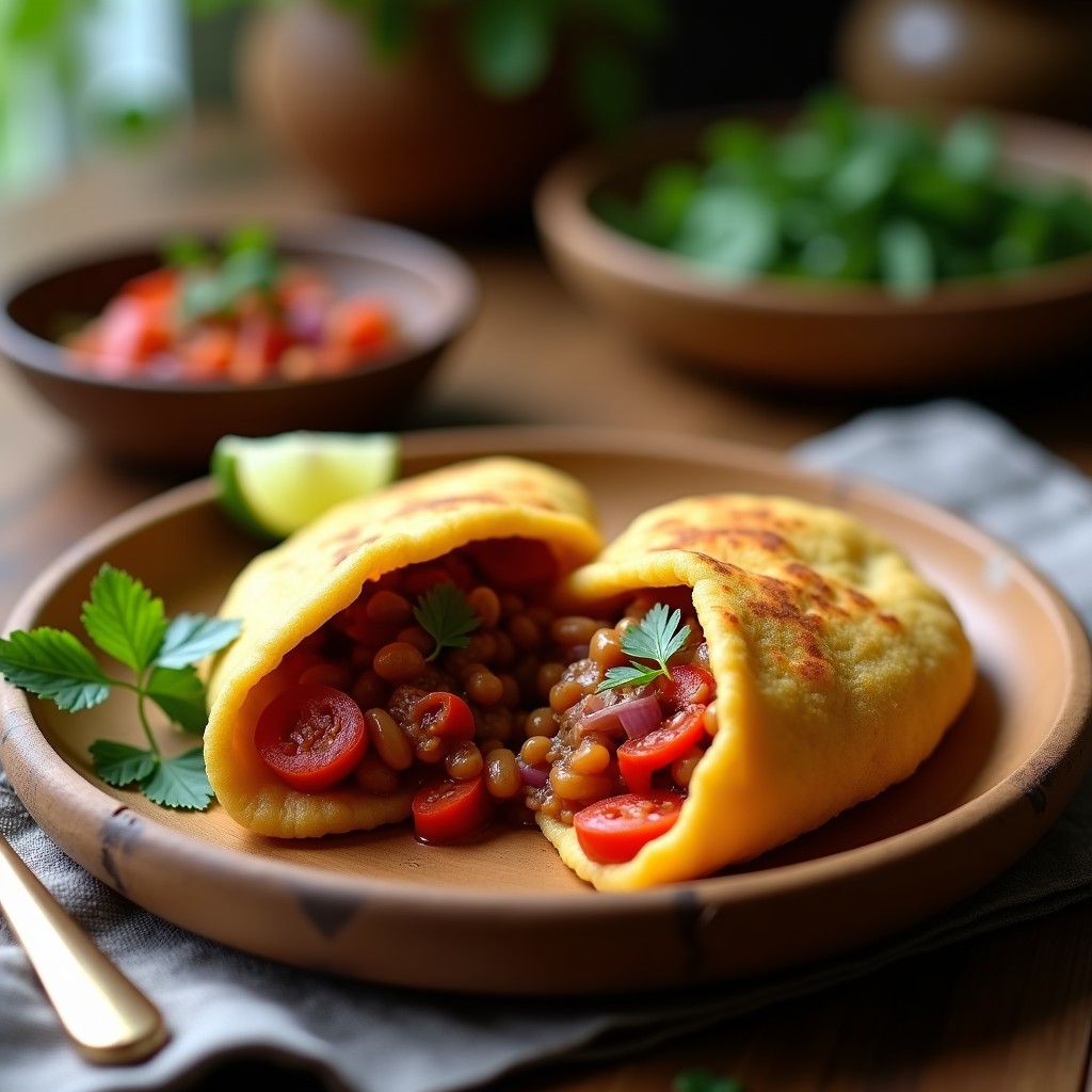 Arepa dorada de mandioca cortada por la mitad, mostrando un relleno jugoso de guiso de seitán con trozos de cebolla, pimiento y cilantro fresco. Plato servido sobre una tabla de madera con rodajas de limón al lado, receta vegana en Airfryer.