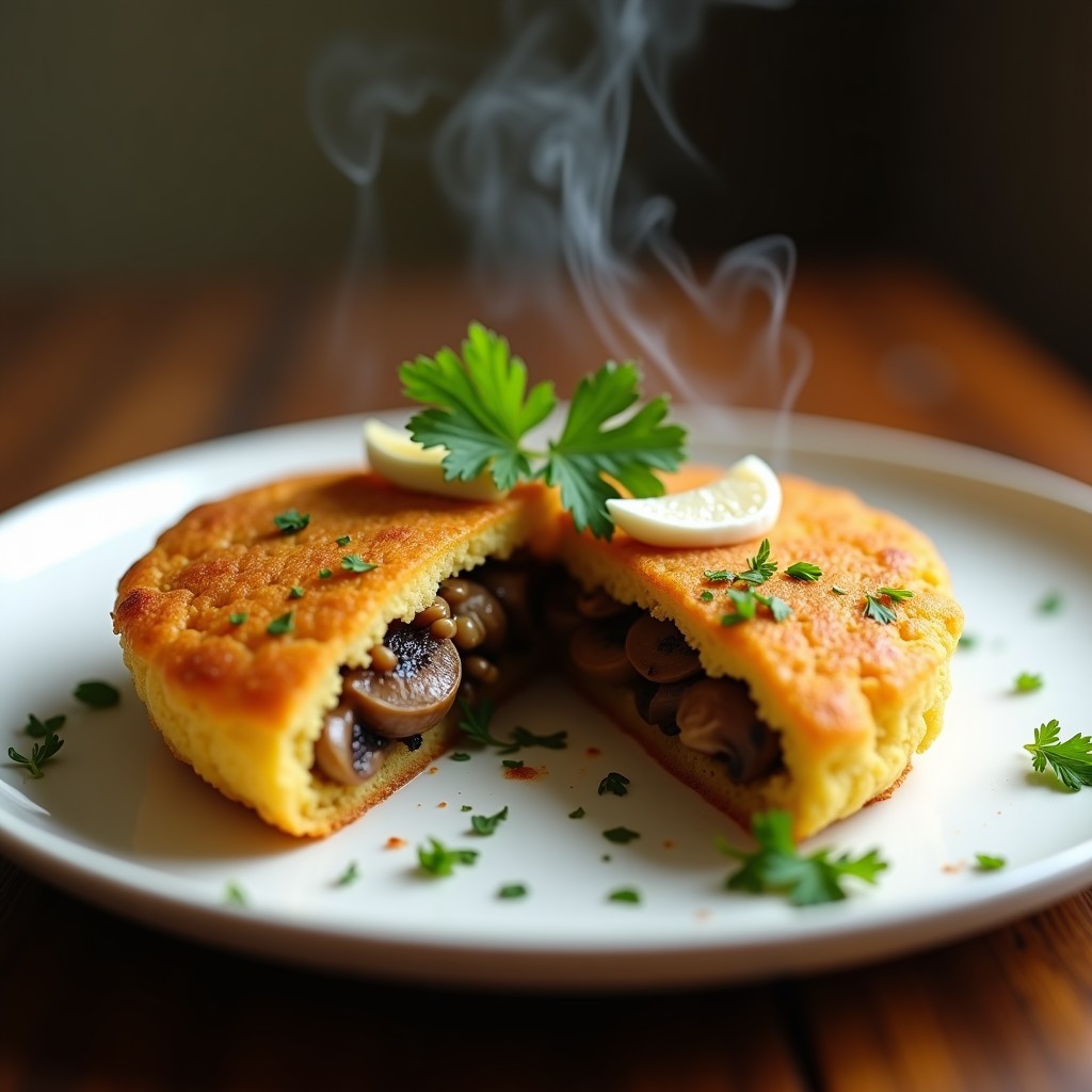 Arepa de ñame dorada y crujiente rellena de champiñones al ajillo, servida en un plato blanco con decoración de perejil fresco y rodajas de ajo, receta venezolana vegana en airfryer.