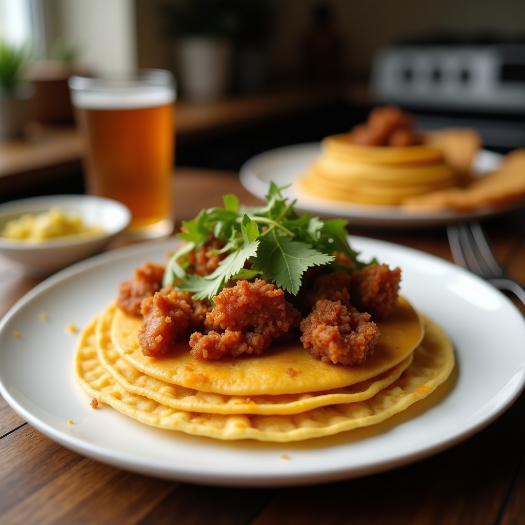 Arepa dorada y crujiente de ñame rellena de chicharrón vegetal de seitán, servida en un plato de barro con cilantro fresco y rodajas de limón, receta colombiana vegana en airfryer.