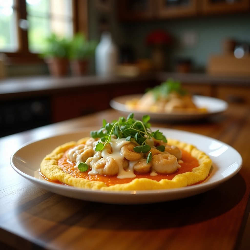 Arepa dorada y crujiente de ñame y queso de soja, espolvoreada con semillas de sésamo, sobre un plato de barro rústico con hojas de cilantro fresco y aguacate en cubos al lado.