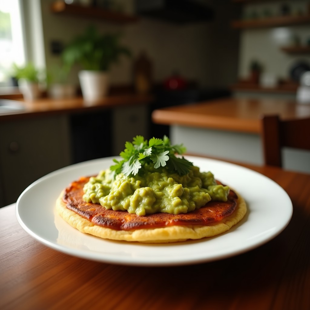 Arepa de plátano macho dorada y crujiente rellena de guacamole cremoso, servida en un plato de madera con semillas de sésamo. Receta colombiana vegana y sin gluten cocinada en airfryer.