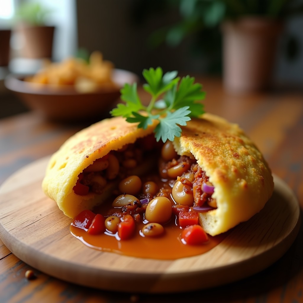Arepa dorada de harina de plátano macho abierta por la mitad, rellena de pulpo en adobo con salsa espesa y especiada, acompañada de cebolla morada y pimiento rojo. Plato típico venezolano keto sin maíz.