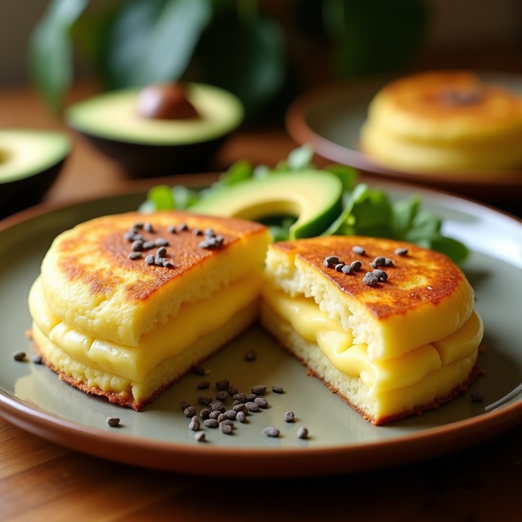 Arepa dorada de plátano macho y queso de almendras cortada por la mitad, mostrando su textura esponjosa y cremosa, servida en un plato de barro con aguacate en rodajas y semillas de chía espolvoreadas. Desayuno colombiano keto y sin gluten.