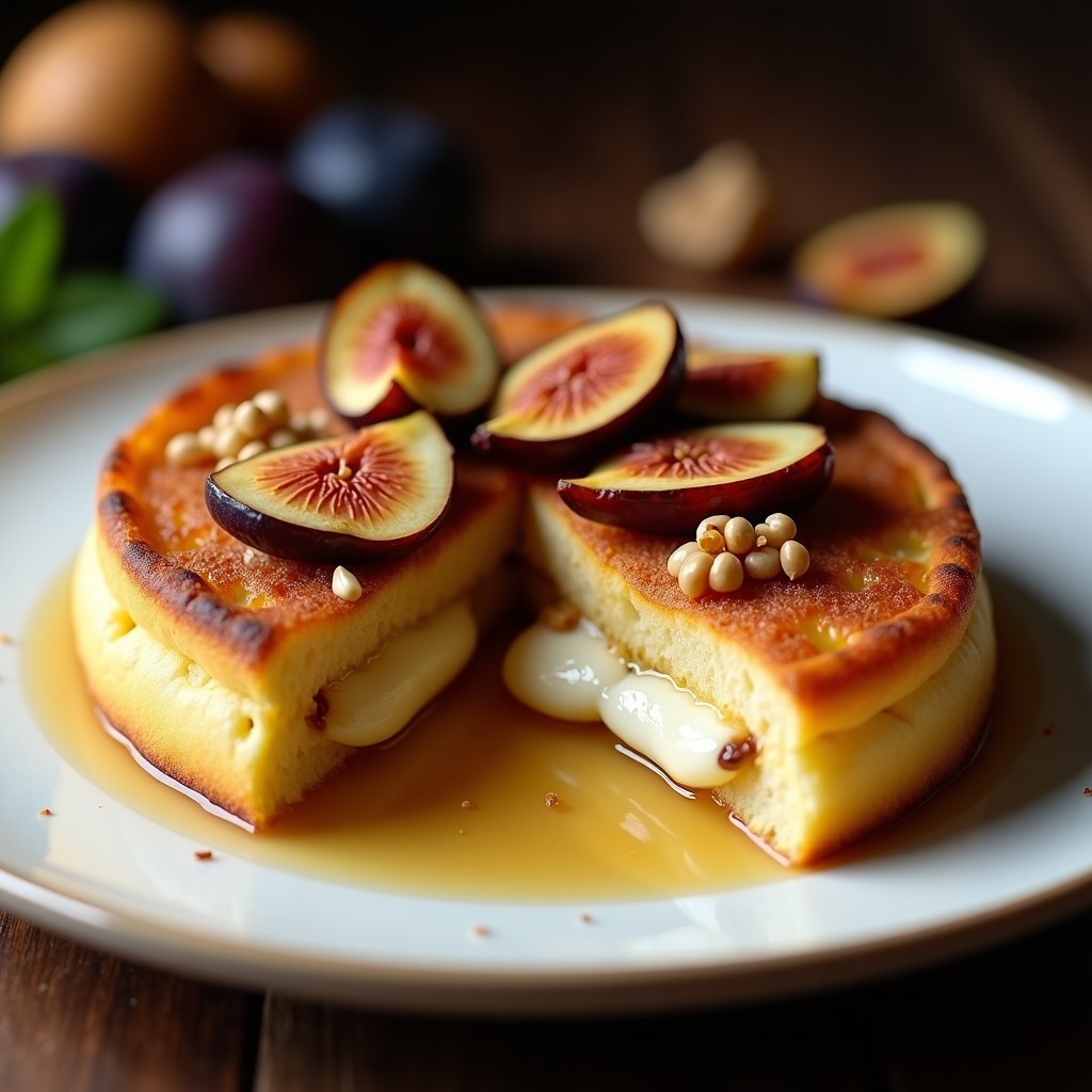 Arepa venezolana dorada y crujiente rellena de queso de Burgo derretido y higos caramelizados brillantes, decorada con nueces picadas y un hilo de miel, servida en un plato blanco rústico con fondo de madera oscura.