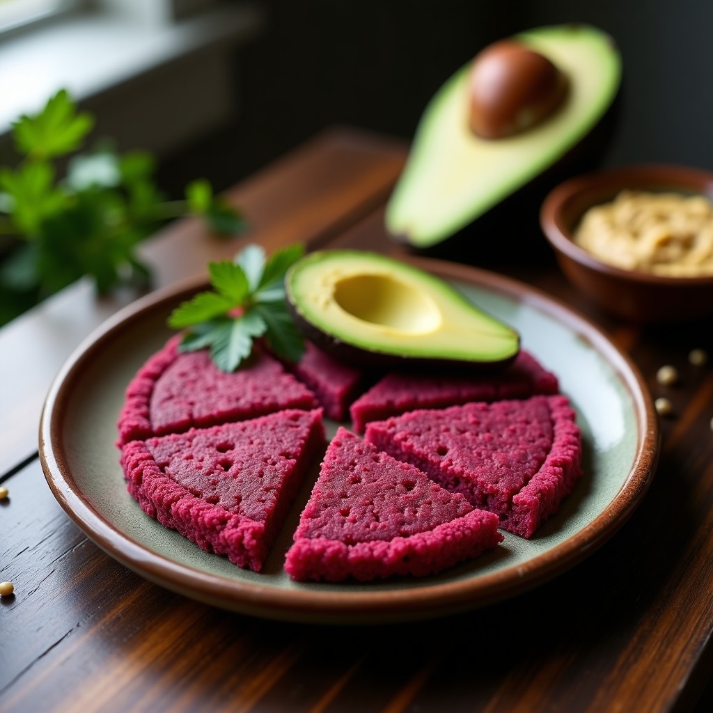 Arepa vegana de remolacha y quinoa sin gluten con color morado intenso, corteza dorada y textura esponjosa, servida en plato rústico con aguacate y hierbas frescas.