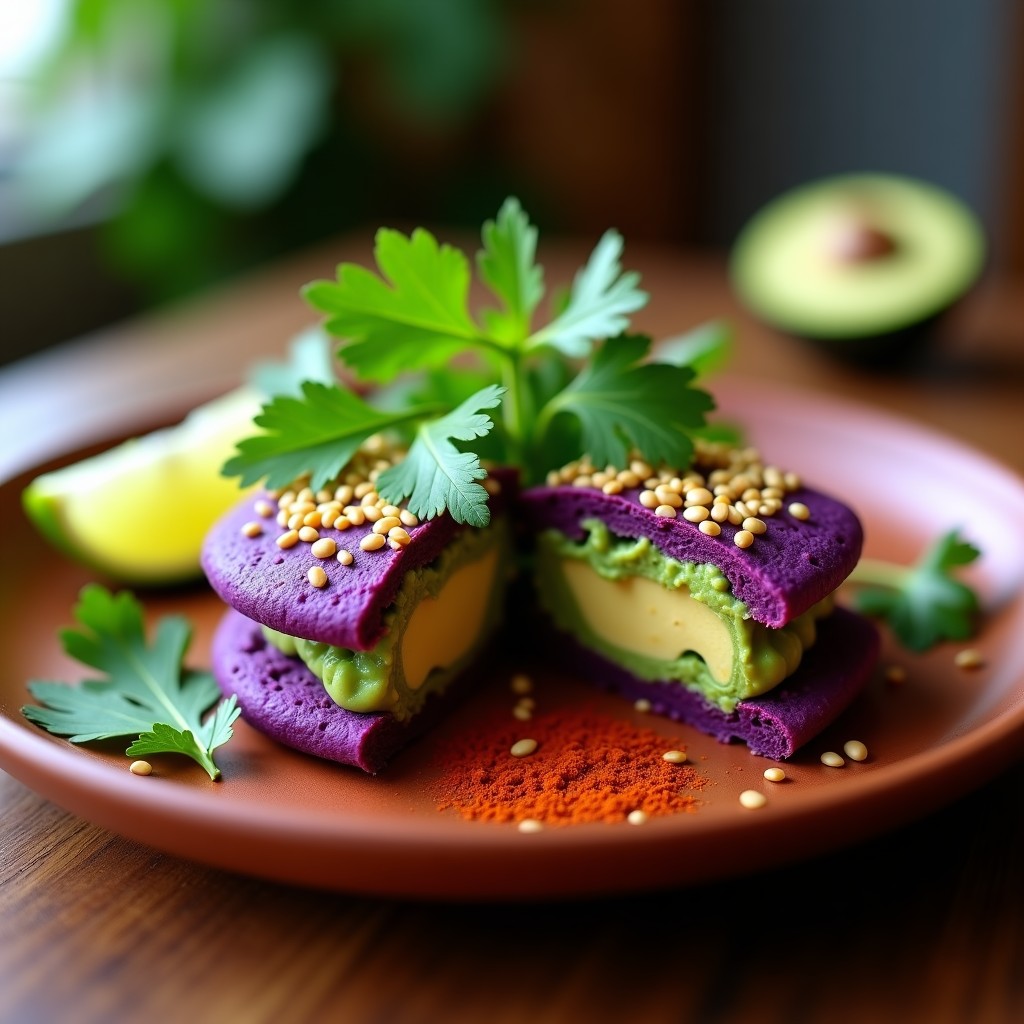 Arepa vegana de maíz morado cortada por la mitad, rellena de aguacate cremoso y espolvoreada con semillas de sésamo y girasol tostadas, sobre un plato de barro con hojas de cilantro fresco y rodajas de limón al lado. Desayuno sin gluten y alto en fibra.