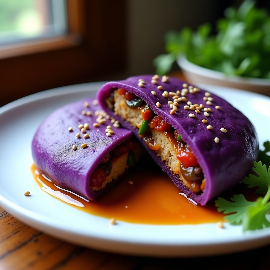Arepa de yautía morada rellena de pollo en hoisin, con semillas de sésamo y cilantro fresco, servida en plato blanco. Receta puertorriqueña en Thermomix.