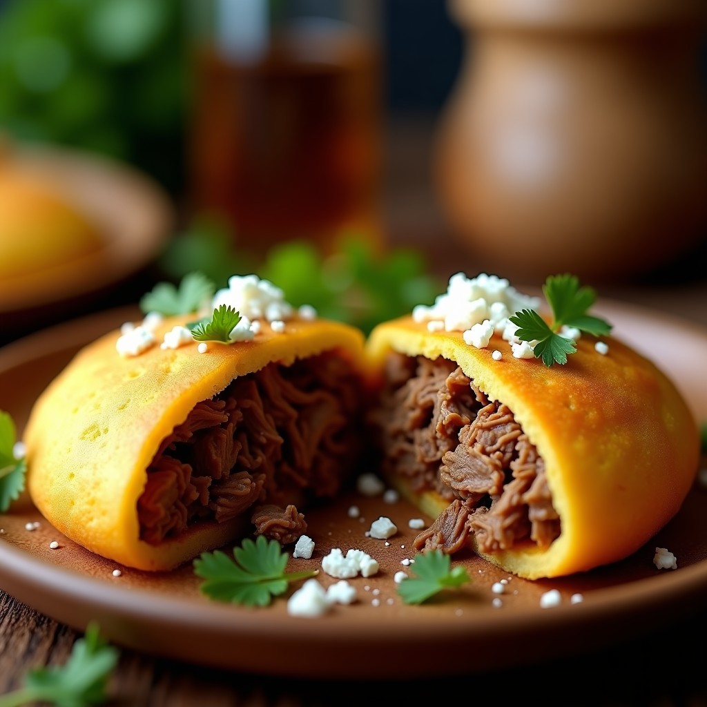 Arepa de yuca dorada y crujiente rellena de carne mechada jugosa, servida en un plato blanco con un toque de queso desmenuzado y cilantro fresco. Receta venezolana en airfryer.