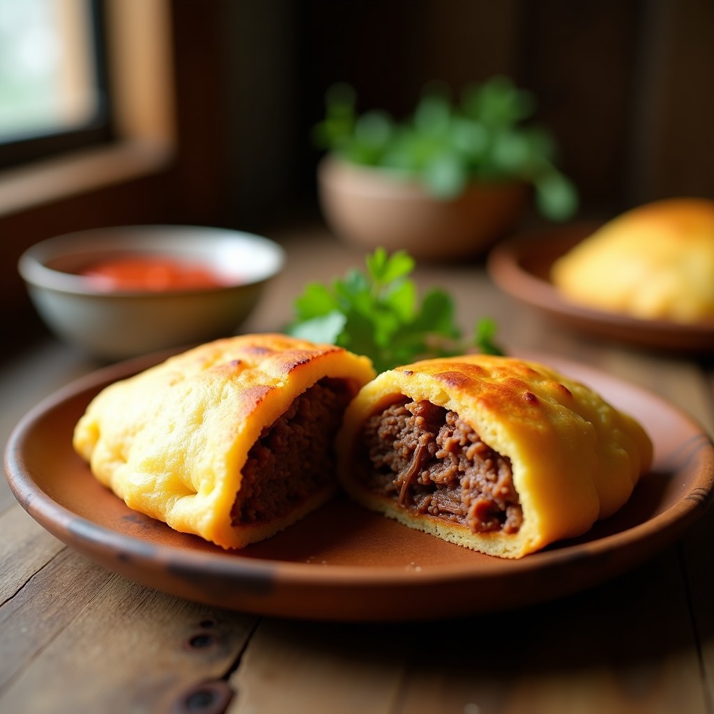 Arepa de yuca dorada y crujiente rellena de carne de res desmenuzada, servida sobre un plato de madera rústico con ají al lado, receta colombiana en airfryer.