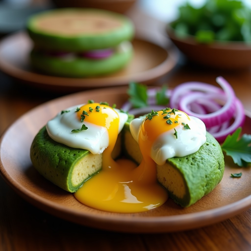 Arepa de yuca y espinacas verde vibrante cortada por la mitad, rellena de aguacate cremoso y huevo poché con yema líquida, decorada con cebolla morada y perejil fresco sobre un plato de madera rústico.