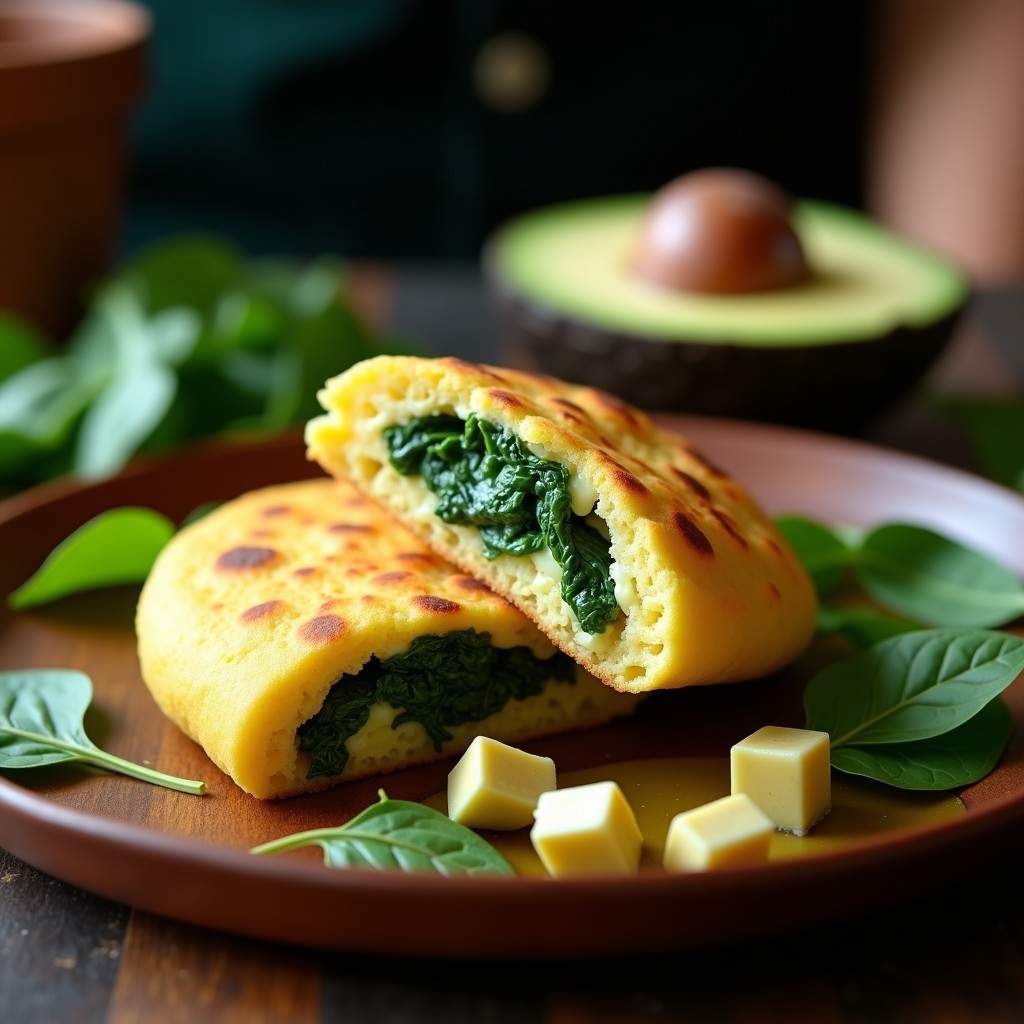 Arepa dorada y crujiente de yuca y espinacas rellena de queso de anacardos cremoso, servida en plato rústico con aguacate en cubos y hojas de espinaca fresca. Receta vercional sin gluten y keto.