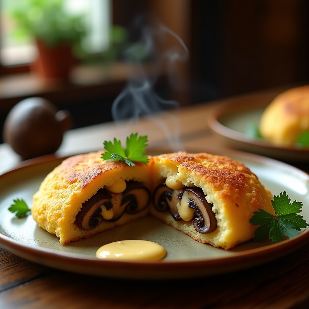 Arepa dorada y crujiente de yuca rellena de hongo portobello salteado y queso de anacardos cremoso, servida en plato rústico con perejil fresco. Receta vegana y sin gluten en sartén antiadherente.