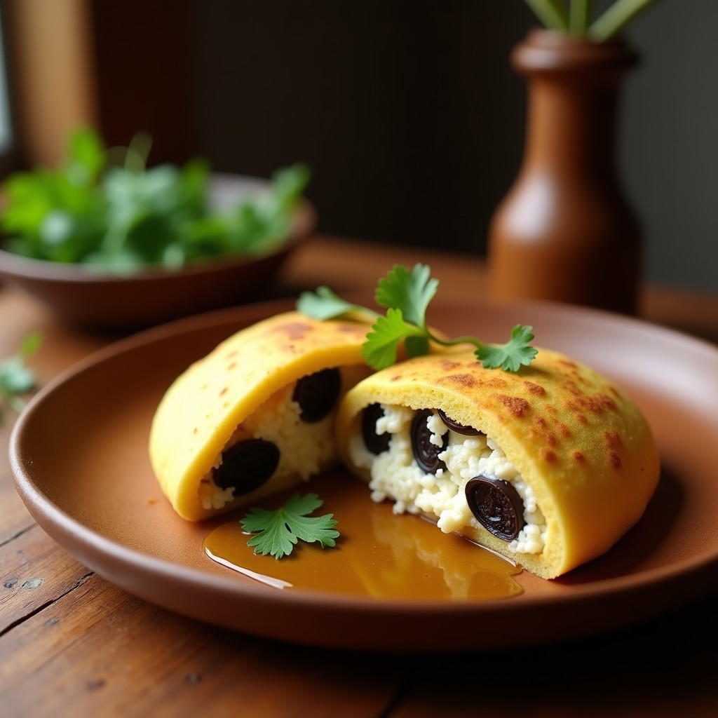 Arepa dorada de yuca sin gluten abierta por la mitad, rellena de queso de anacardo cremoso y huitlacoche negro, servida en plato rústico con fondo de madera y hierbas frescas.