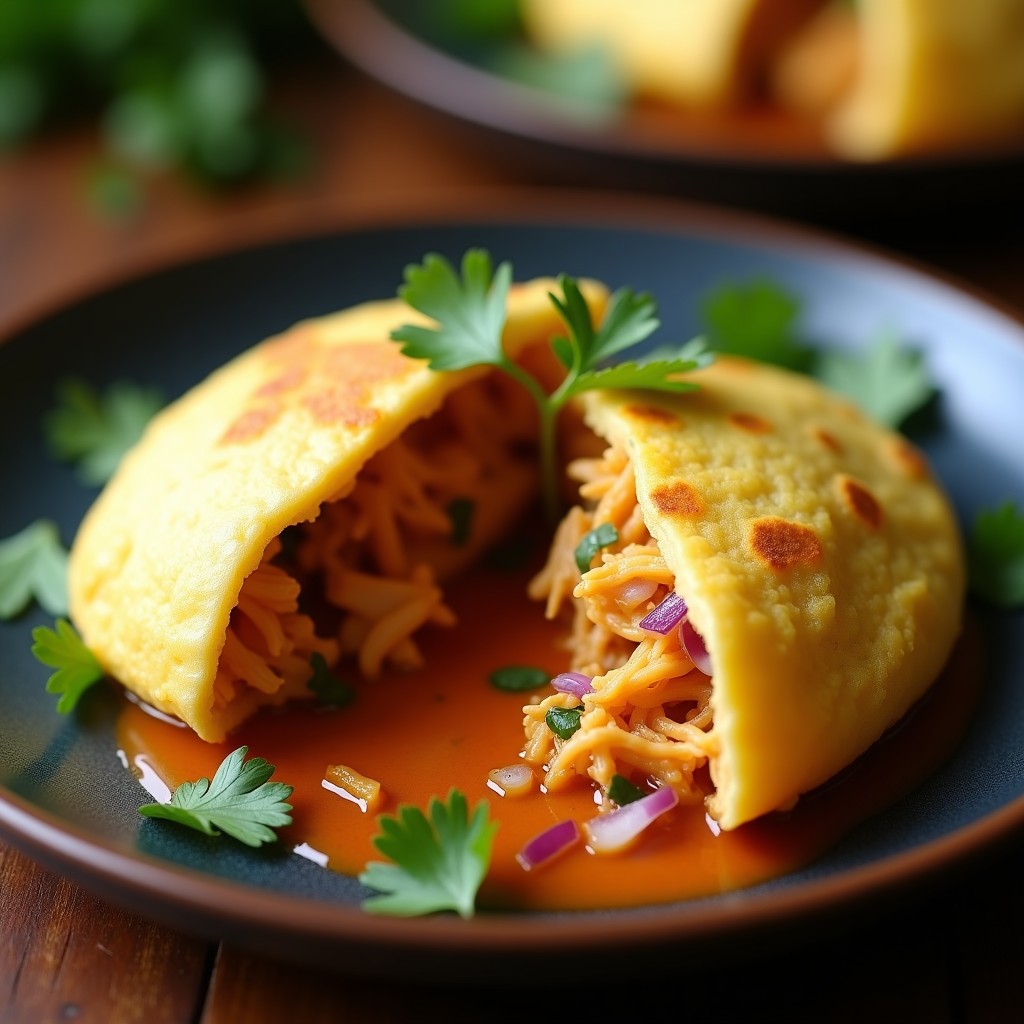 Arepa de yuca dorada y crujiente rellena de pollo al curry rojo con leche de coco, servida en un plato blanco rústico con cilantro fresco. Receta colombiana en airfryer sin aceite.