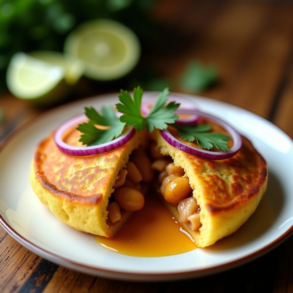 Arepa de yuca dorada y crujiente rellena de pulpo al ají amarillo, servida en un plato rústico de barro con cilantro fresco y rodajas de limón. Receta colombiana-peruana en airfryer.