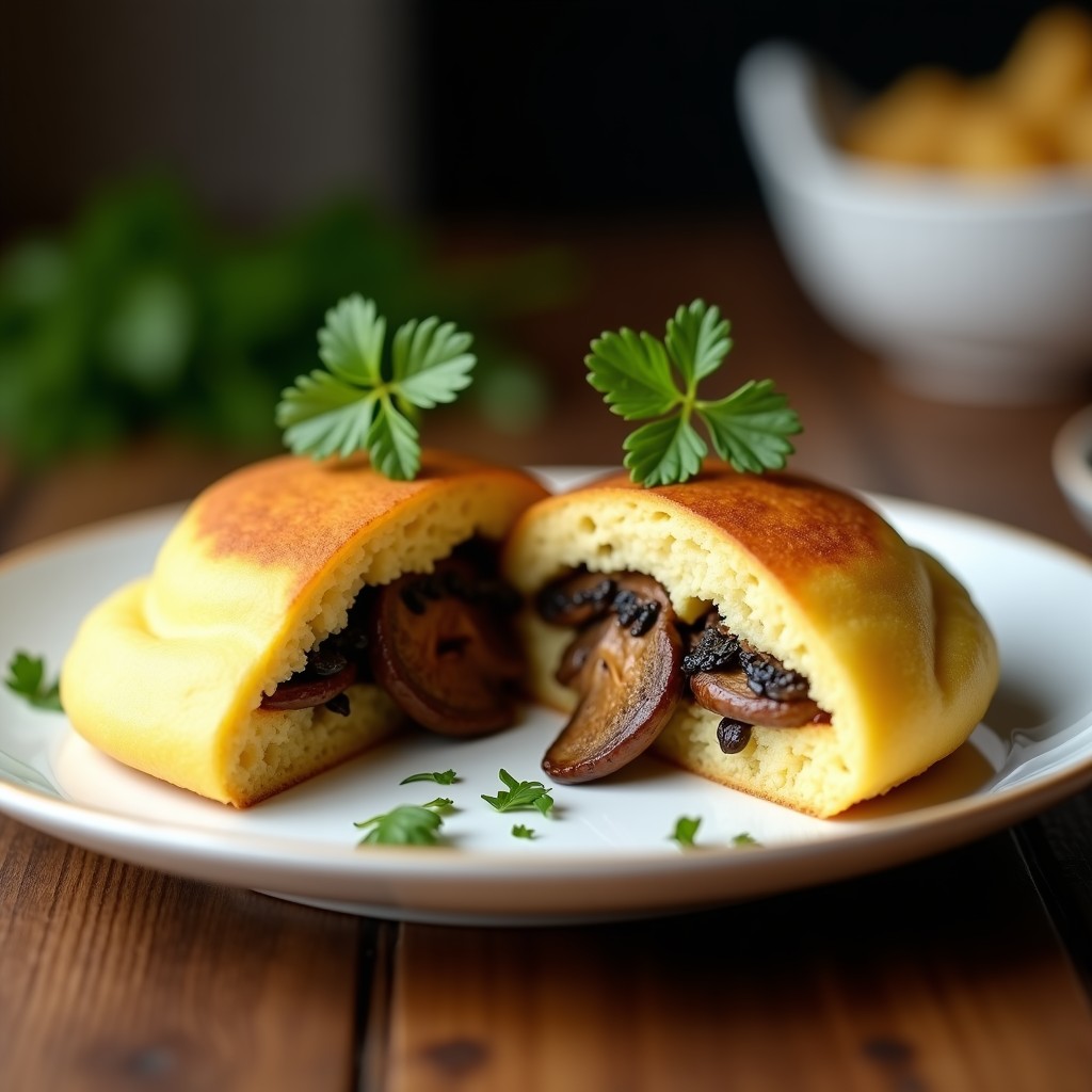 Arepa dorada de yuca y queso de almendras rellena de hongos portobello, cortada por la mitad para mostrar el interior jugoso, servida en plato rústico con perejil fresco y un hilo de aceite de coco, receta colombiana keto.