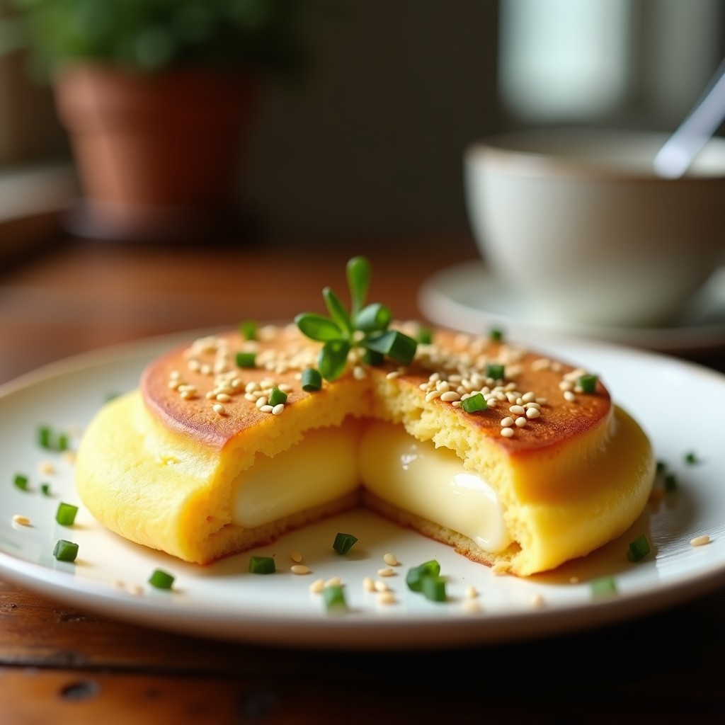 Arepa dorada de yuca y queso de almendras servida en plato blanco, con semillas de sésamo y cebollino fresco, desayuno sin gluten y alto en calcio.