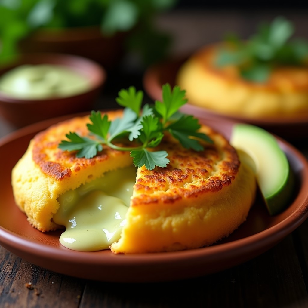 Arepa dorada y crujiente de yuca rellena de queso de anacardo cremoso, servida en un plato de barro con hojas de cilantro fresco y rodajas de aguacate. Receta venezolana vegana en airfryer sin harina.