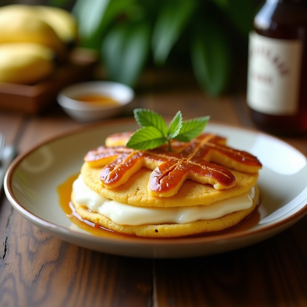 Arepa de yuca dorada rellena de queso de burro derretido y cubierta con hojaldre de plátano crujiente, receta colombiana sin gluten sobre fondo rústico.