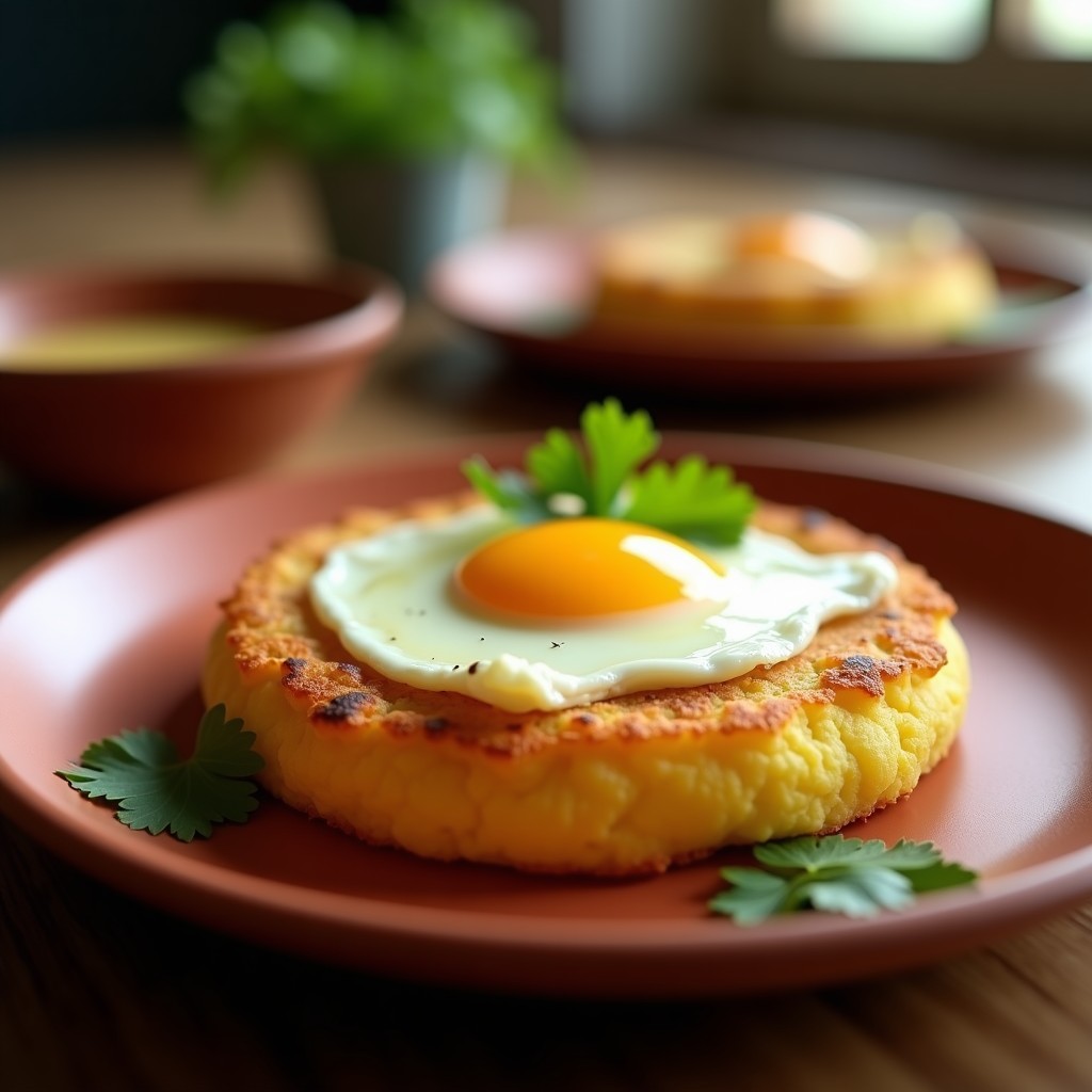 Arepa dorada de yuca rallada con queso de burro derretido y huevo campero cuajado en el centro, servida en plato rústico de barro con perejil fresco. Desayuno colombiano keto sin harina.
