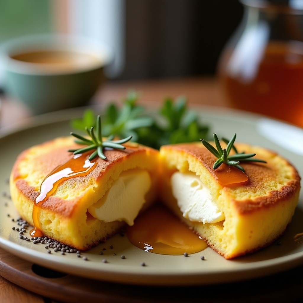 Arepa de yuca dorada y crujiente rellena de queso de cabra cremoso, con un hilo de miel de abeja brillando sobre su superficie. Acompañada de hojas de romero fresco y semillas de chía visibles en la textura. Plato rústico de madera con fondo borroso que resalta el desayuno venezolano keto.