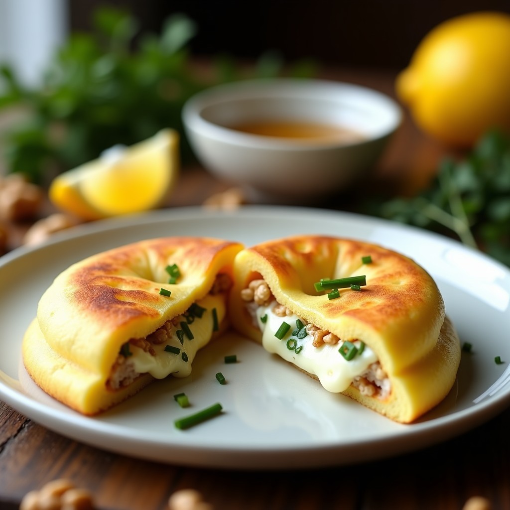 Arepa de yuca dorada y crujiente rellena de queso de cabra derretido, con trocitos de nueces y hierbas frescas visibles, servida en un plato de cerámica blanca sobre fondo rústico de madera. Receta venezolana sin gluten en airfryer.