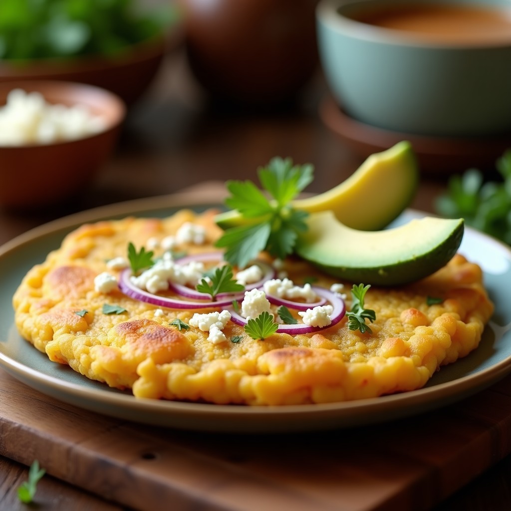 Arepa dorada y crujiente de yuca con trozos de queso de cabra fundido, acompañada de cebolla morada y cilantro fresco sobre una bandeja de madera rústica, receta colombiana sin gluten y alta en fibra.