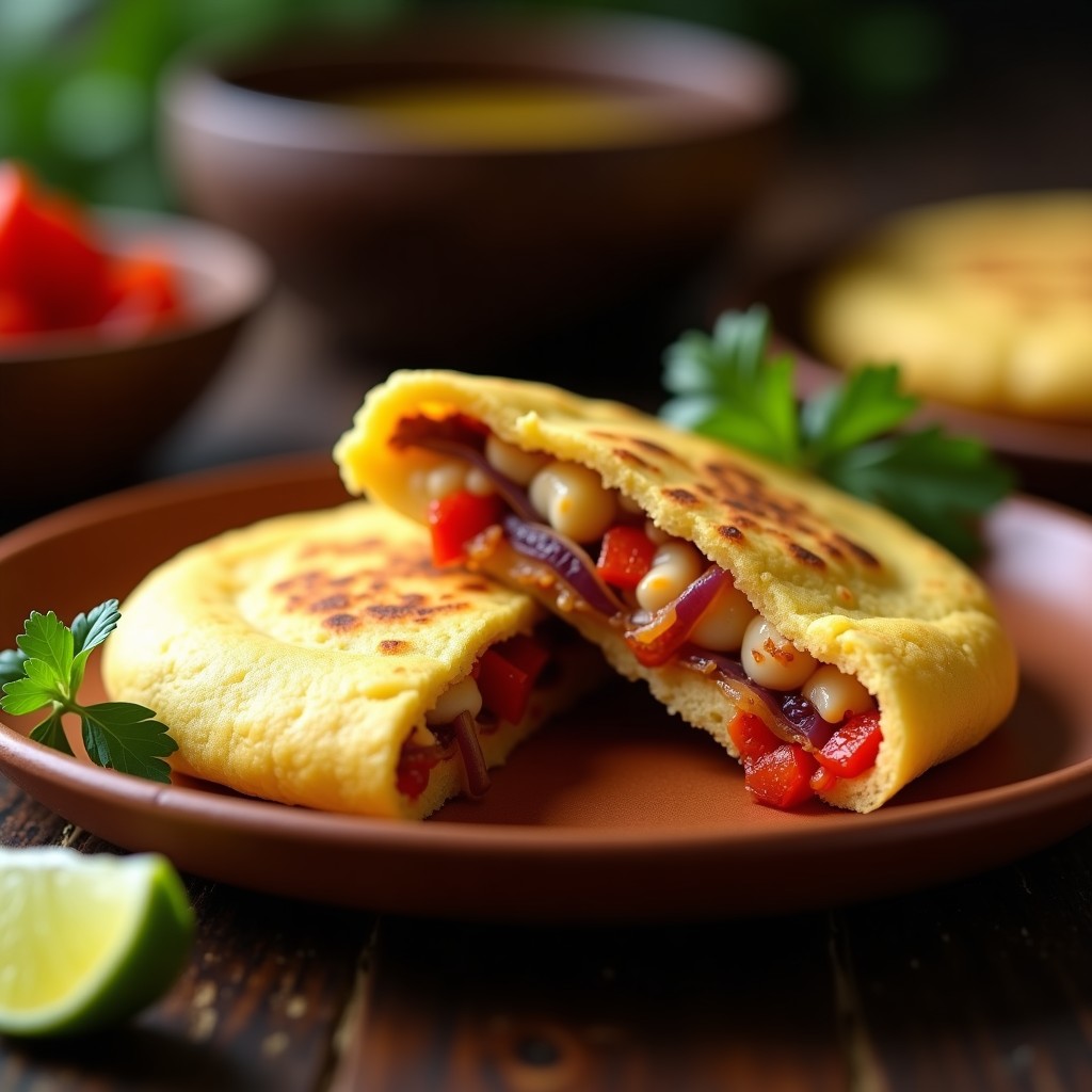 Arepa de yuca dorada y crujiente rellena de queso de caju cremoso y pimientos rojos asados, servida en un plato de barro con hierbas frescas. Receta venezolana sin gluten.