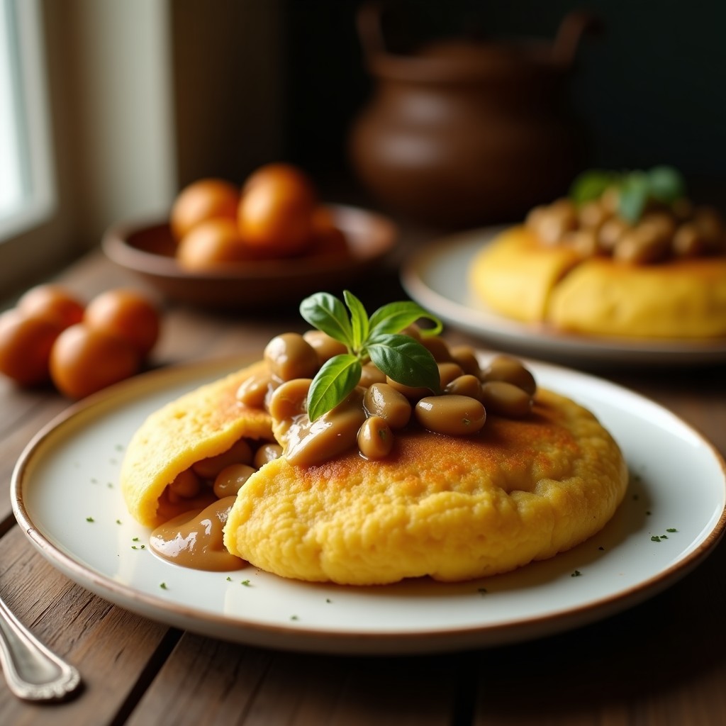 Arepa de yuca dorada y crujiente rellena de queso cremoso de castañas vegano, acompañada de aguacate fresco y cilantro. Plato típico venezolano sin gluten.
