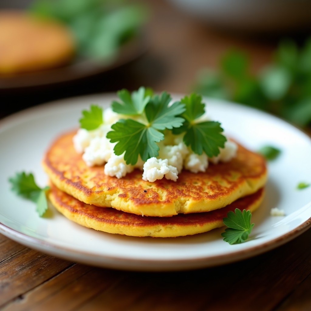 Arepa dorada y crujiente de yuca y queso fresco con hojas de cilantro fresco encima, servida en un plato blanco rústico, receta venezolana en airfryer.