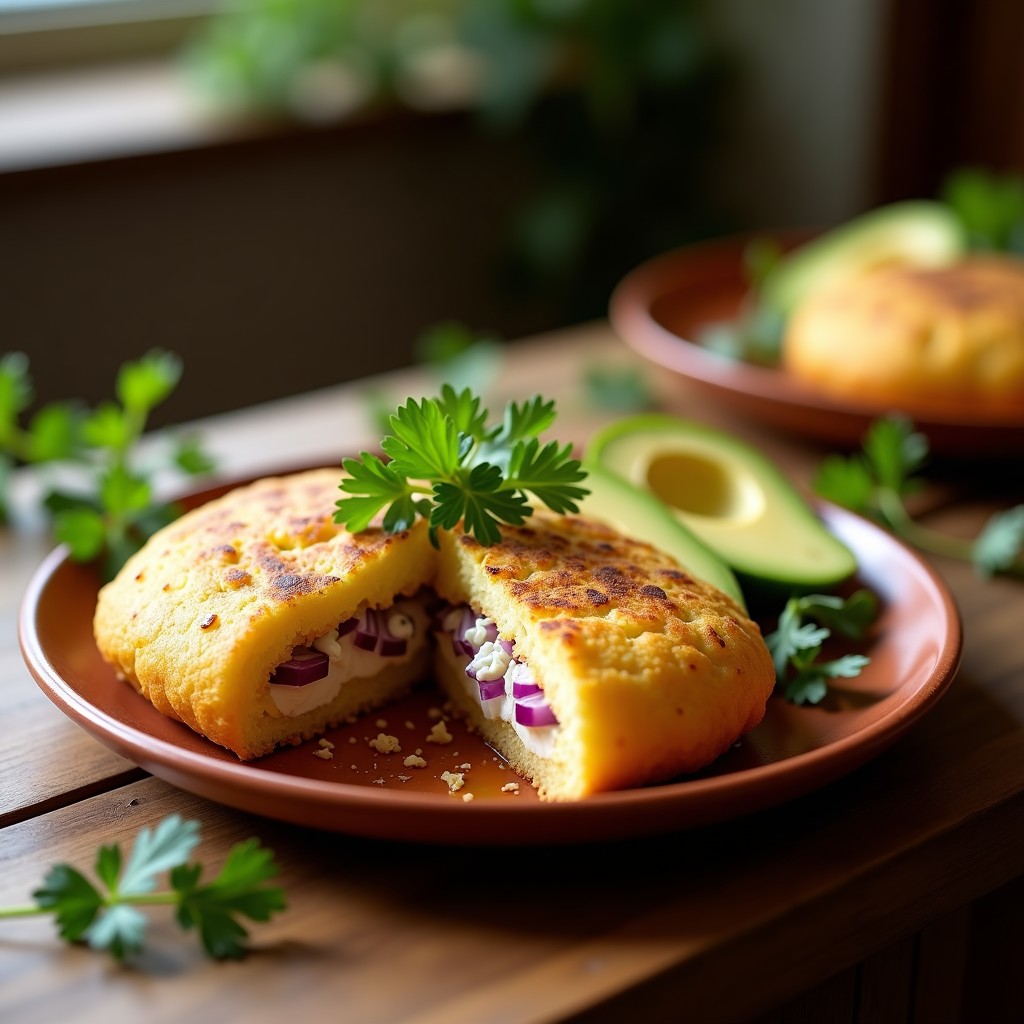 Arepa dorada de yuca rallada rellena de queso de soja cremoso, servida en plato de barro con rodajas de aguacate y tomate cherry, receta vegana y sin gluten para desayunar.
