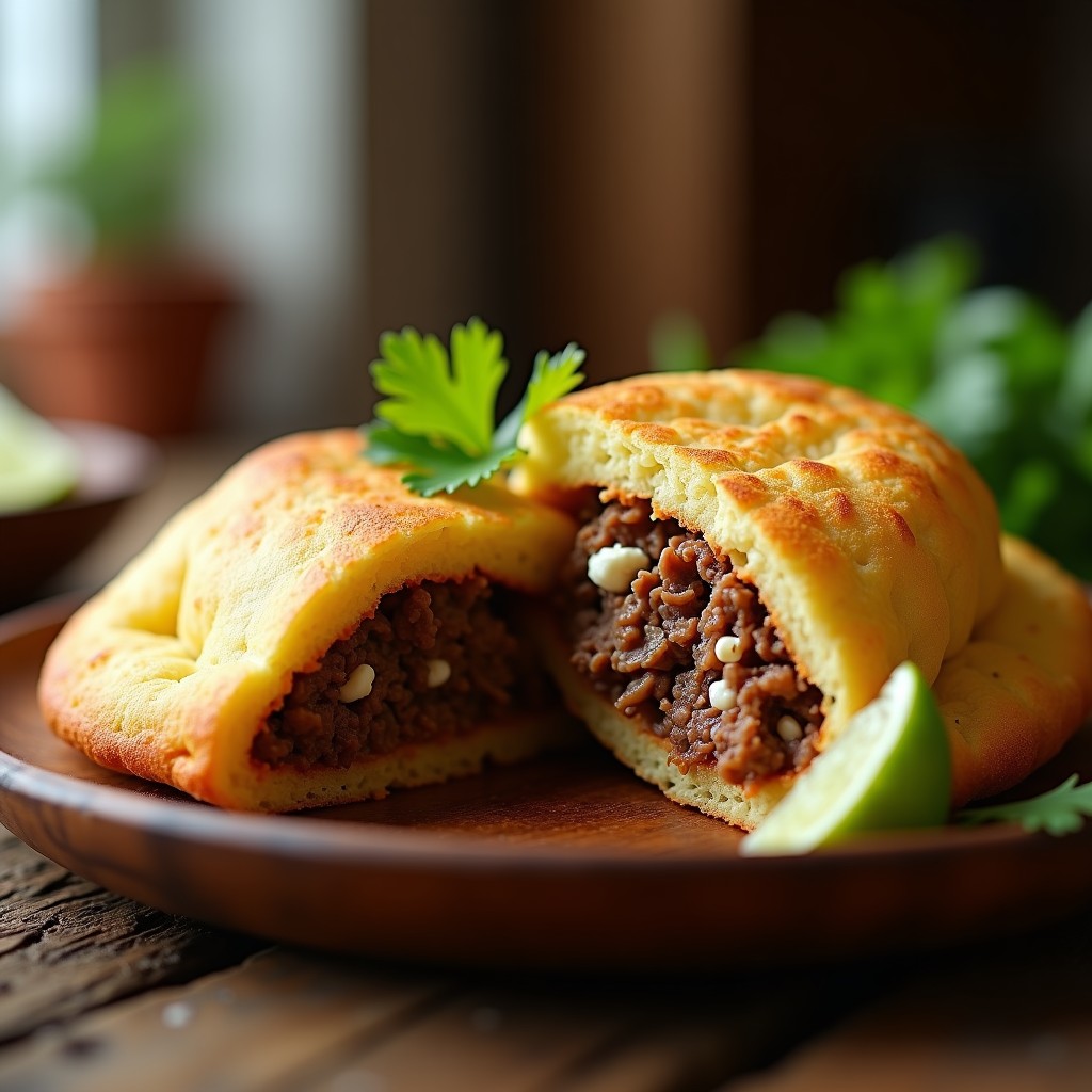 Arepa de yuca rellena de carne mechada colombiana, dorada por fuera y esponjosa por dentro, cortada por la mitad para mostrar el relleno jugoso de carne especiada y queso fresco desmenuzado, servida sobre un plato de madera con cilantro fresco y limón.