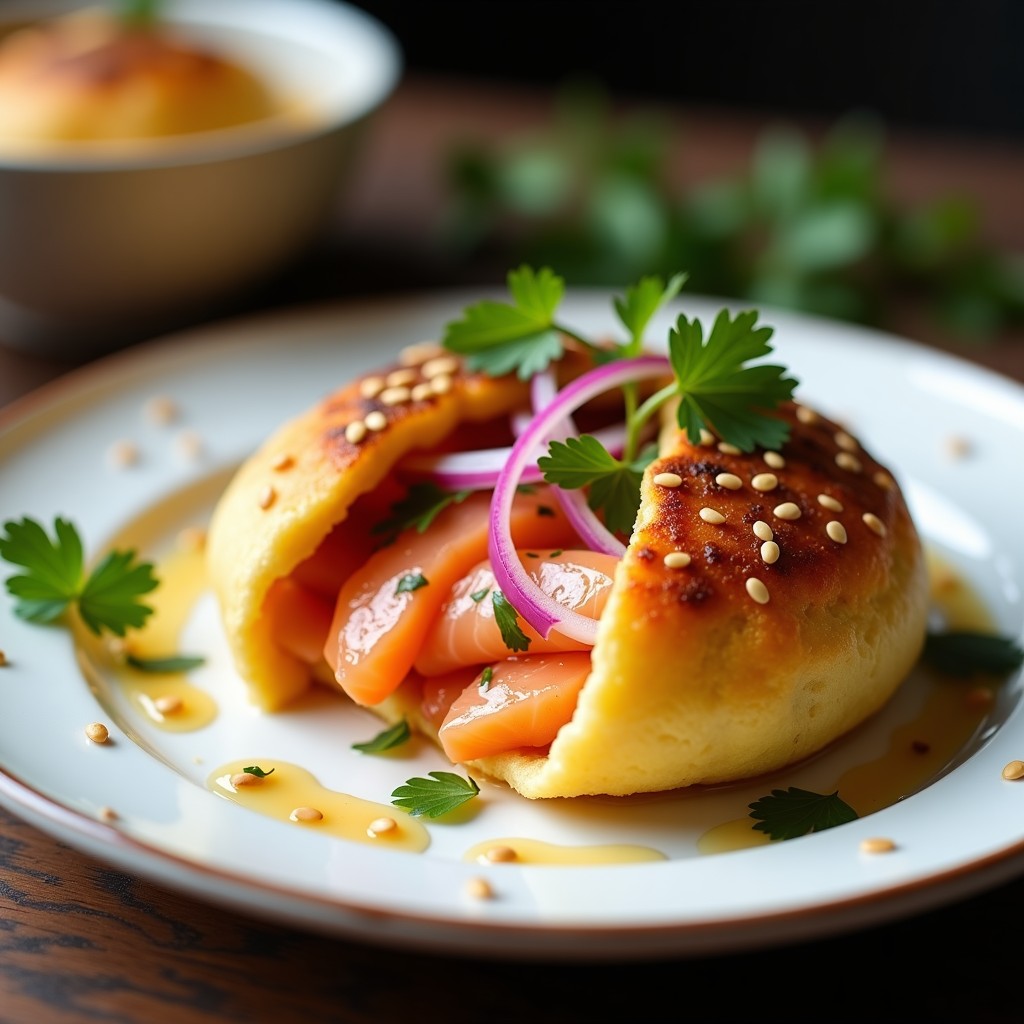 Arepa de yuca dorada y crujiente rellena de láminas de salmón fresco marinado en leche de tigre, acompañada de cebolla morada en juliana y cilantro, con semillas de sésamo espolvoreadas. Plato de fusión peruana-colombiana con colores vibrantes y texturas contrastantes.