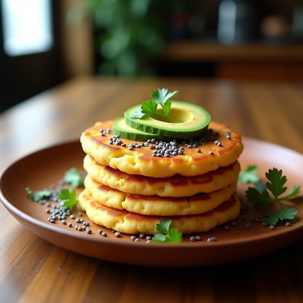 Arepa dorada de yuca y semillas de chía sobre un plato de madera rústico, acompañada de rodajas de aguacate y cilantro fresco, desayuno colombiano sin gluten y alto en fibra.