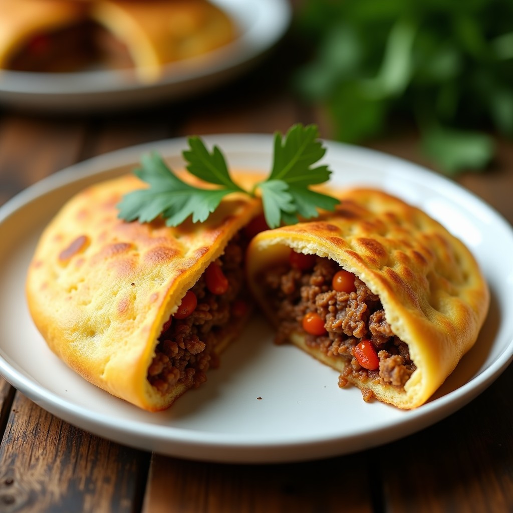 Arepa de yuca dorada y crujiente rellena de carne molida de soja y ají dulce, servida en un plato de madera con cilantro fresco y rodajas de ají dulce al lado. Receta vegana en Airfryer, alta en proteína y sin gluten.