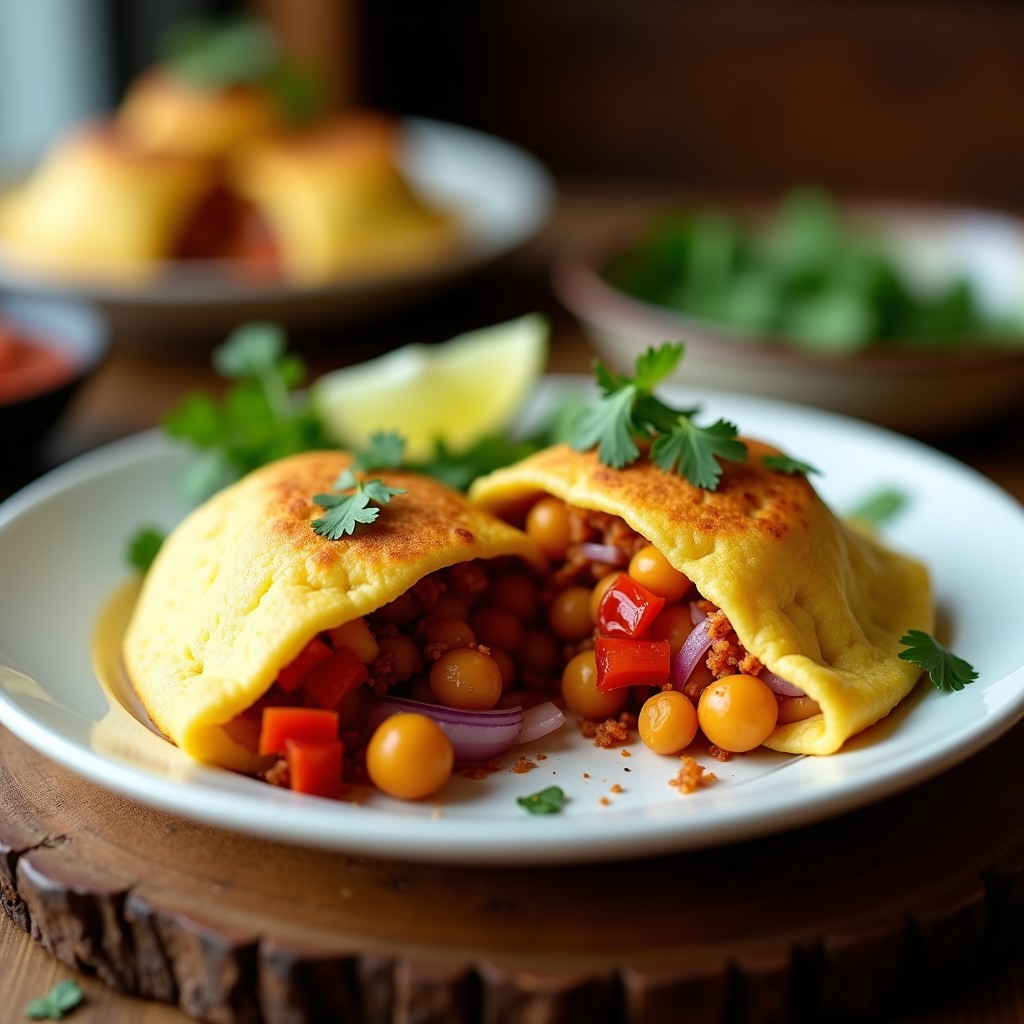 Arepa dorada de masa de yucca abierta por la mitad, rellena de garbanzos especiados con cebolla morada, pimiento rojo y perejil. Plato tradicional venezolano sin gluten, servido en un plato de barro rústico con fondo de madera.