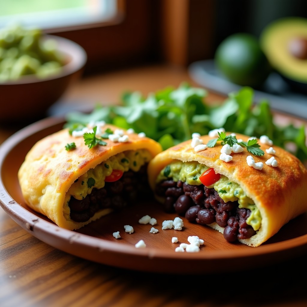 Arepas venezolanas doradas y crujientes abiertas por la mitad, rellenas de guacamole cremoso de color verde brillante y frijoles negros especiados, servidas en un plato de madera rústico con decoración de cilantro fresco y rodajas de limón.