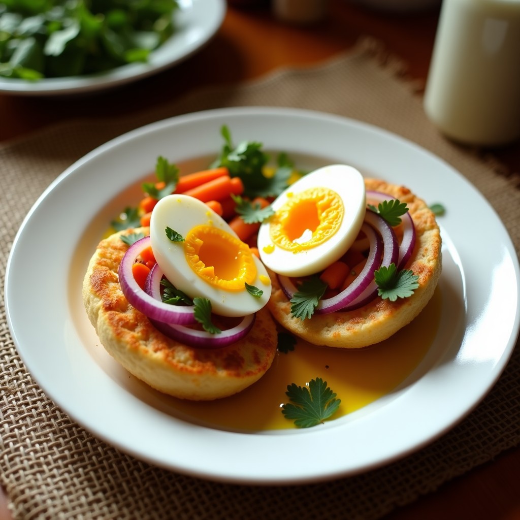 Plato de arepas doradas abiertas rellenas de huevos en escabeche con cebolla morada, zanahoria y cilantro, receta colombiana tradicional.