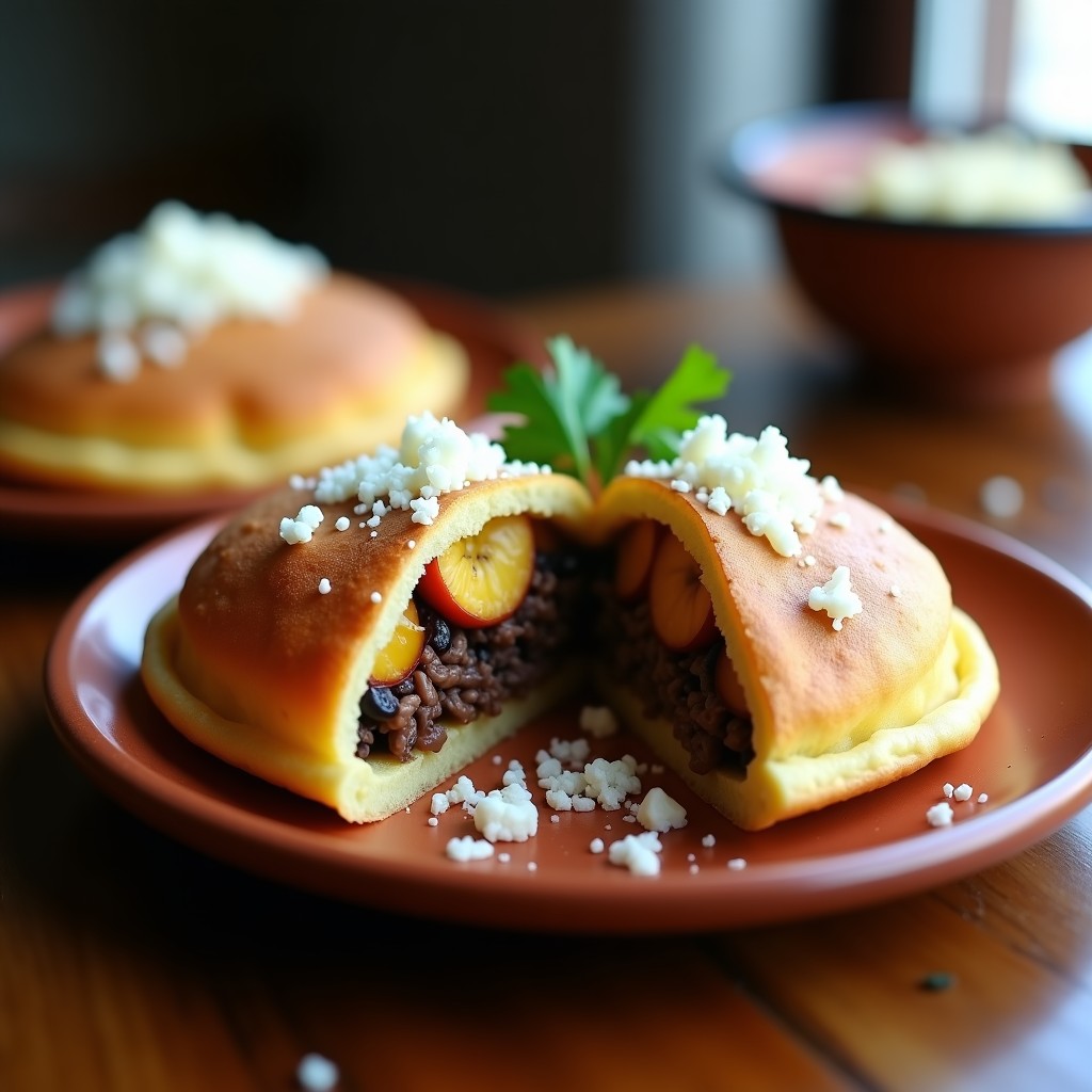 Arepas doradas y crujientes abiertas por la mitad, rellenas de carne mechada oscura, frijoles negros brillantes, arroz blanco y plátano maduro caramelizado, con queso blanco desmenuzado encima. Plato típico venezolano servido en fuente de barro.