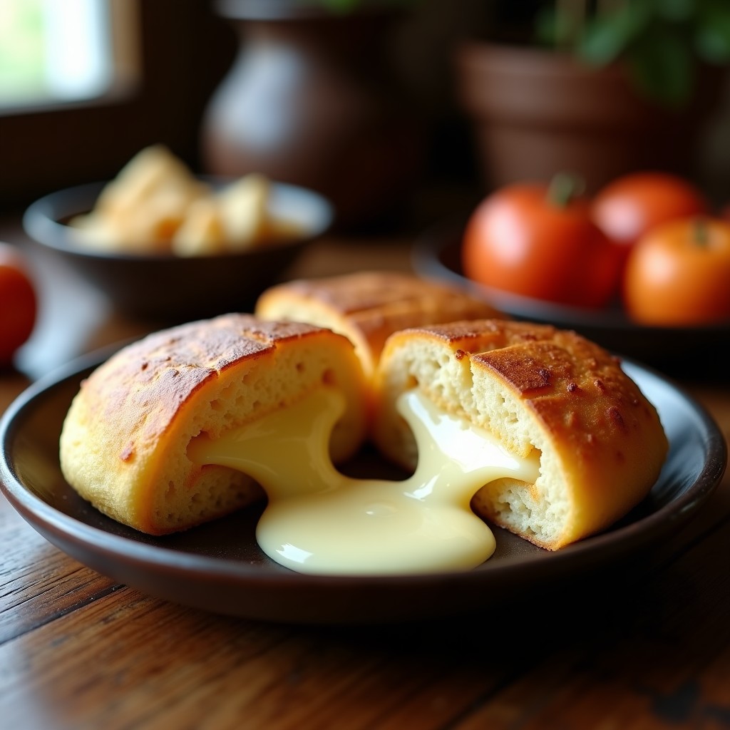 Arepas venezolanas doradas rellenas de queso Guayanés ahumado derretido, servidas en plato de barro con fondo rústico.