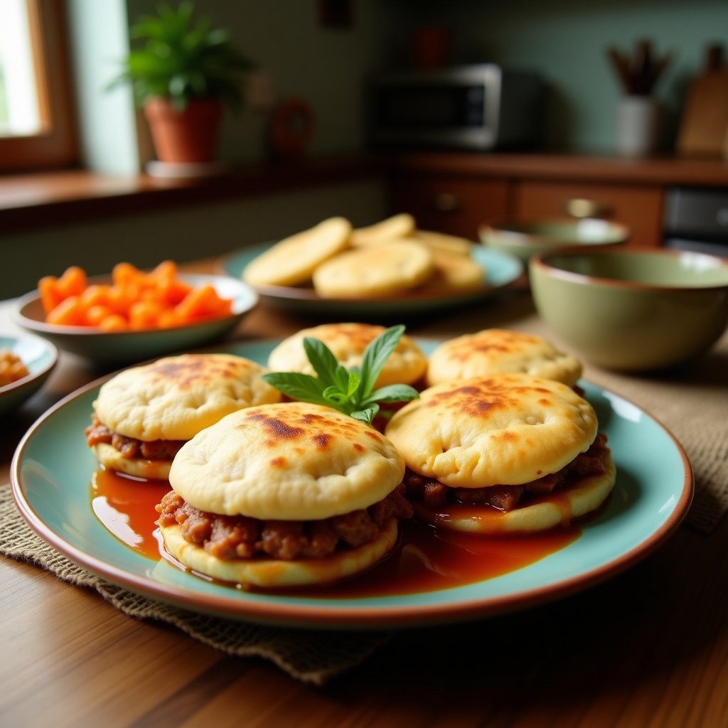 Plato con dos arepas venezolanas doradas abiertas por la mitad, rellenas de carne mechada jugosa y espolvoreadas con queso blanco. Acompañadas de aguacate en rodajas y plátano frito.