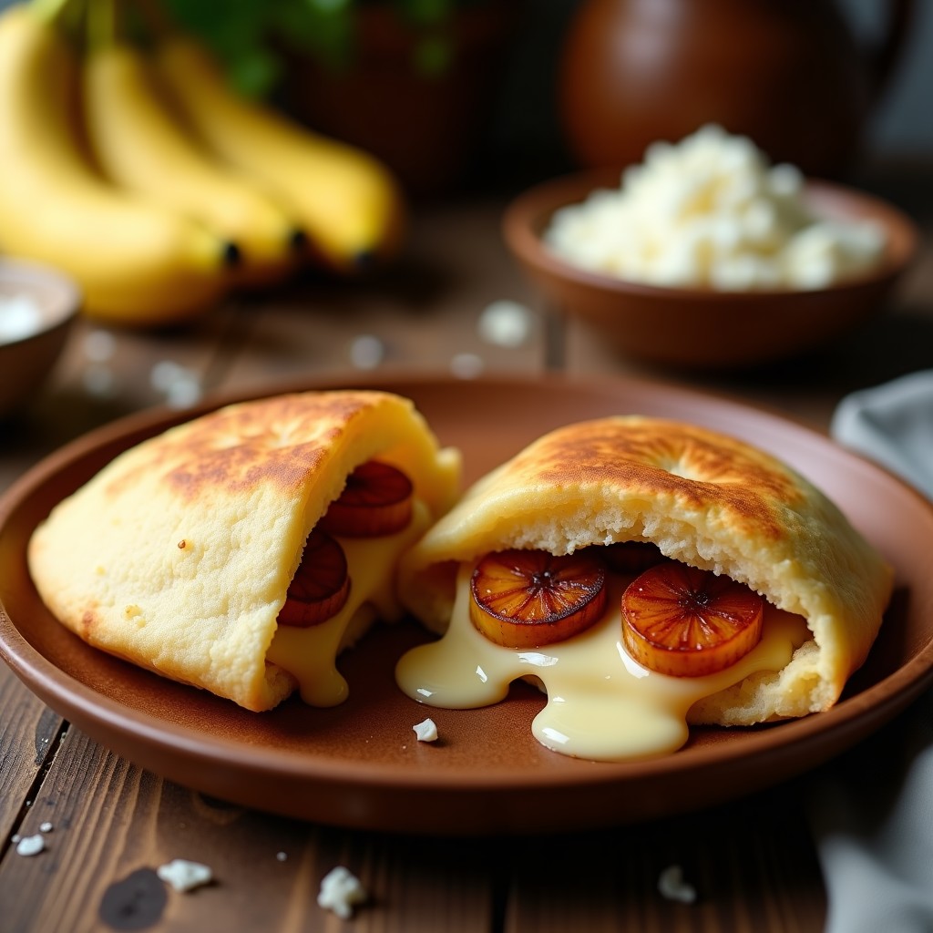 Arepas doradas abiertas por la mitad, rellenas de plátanos maduros caramelizados y trozos de queso fresco derretido, sobre un plato de madera rústico con fondo de cocina tradicional venezolana.