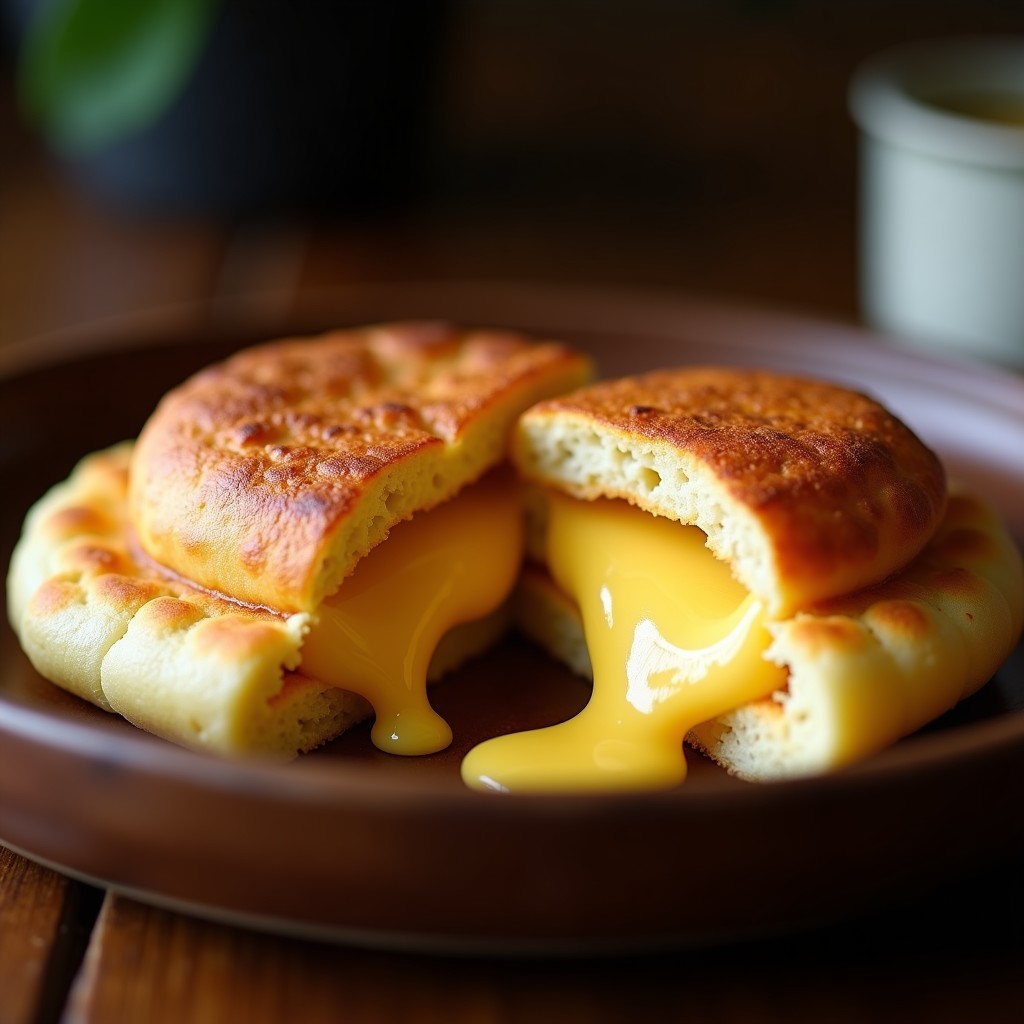 Arepas venezolanas doradas y crujientes rellenas de queso guayanés derretido, servidas en un plato de madera rústico con fondo borroso.