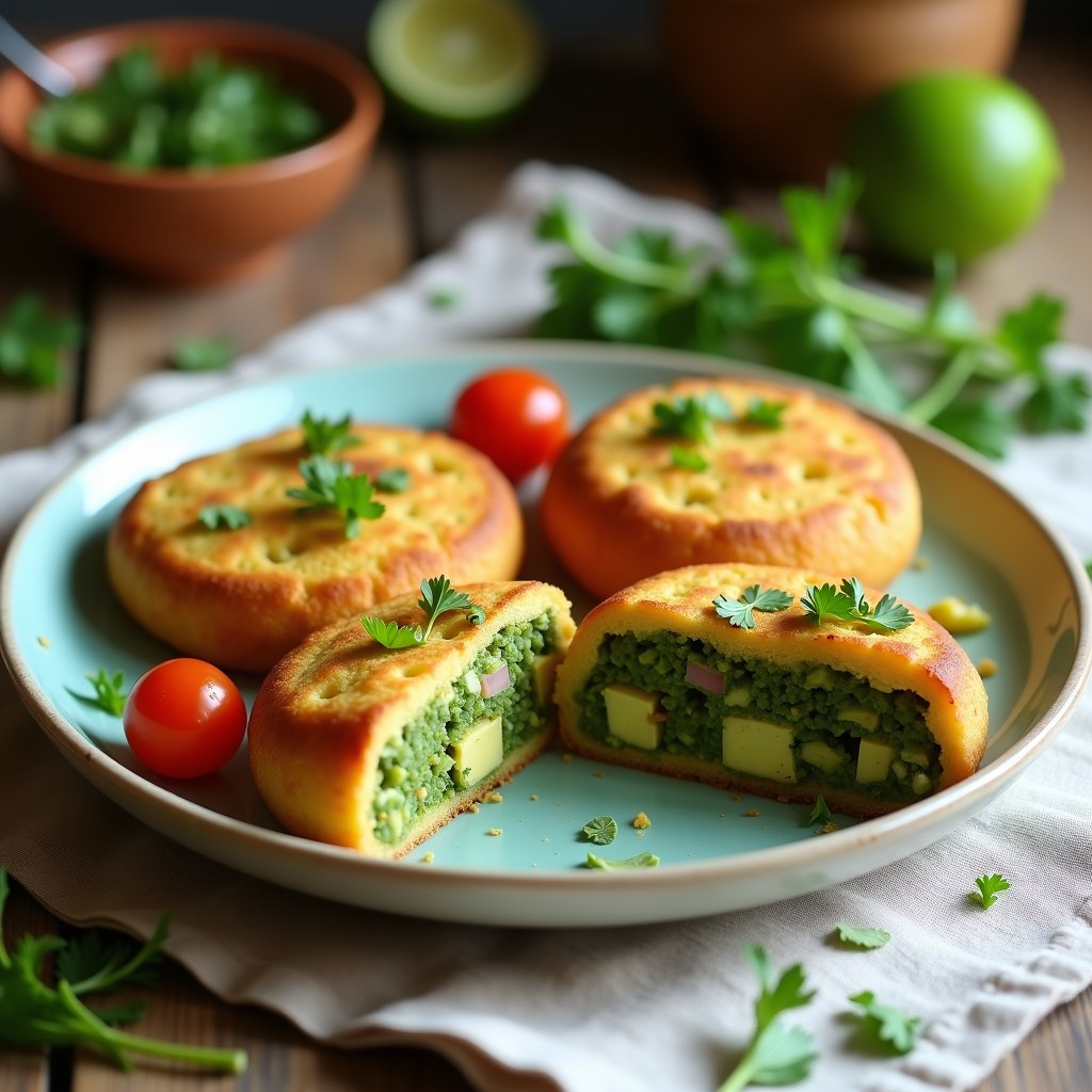 Arepas doradas de yuca y espirulina con semillas de sésamo, abiertas por la mitad y rellenas de crema de aguacate verde brillante, servidas en plato de madera rústico.