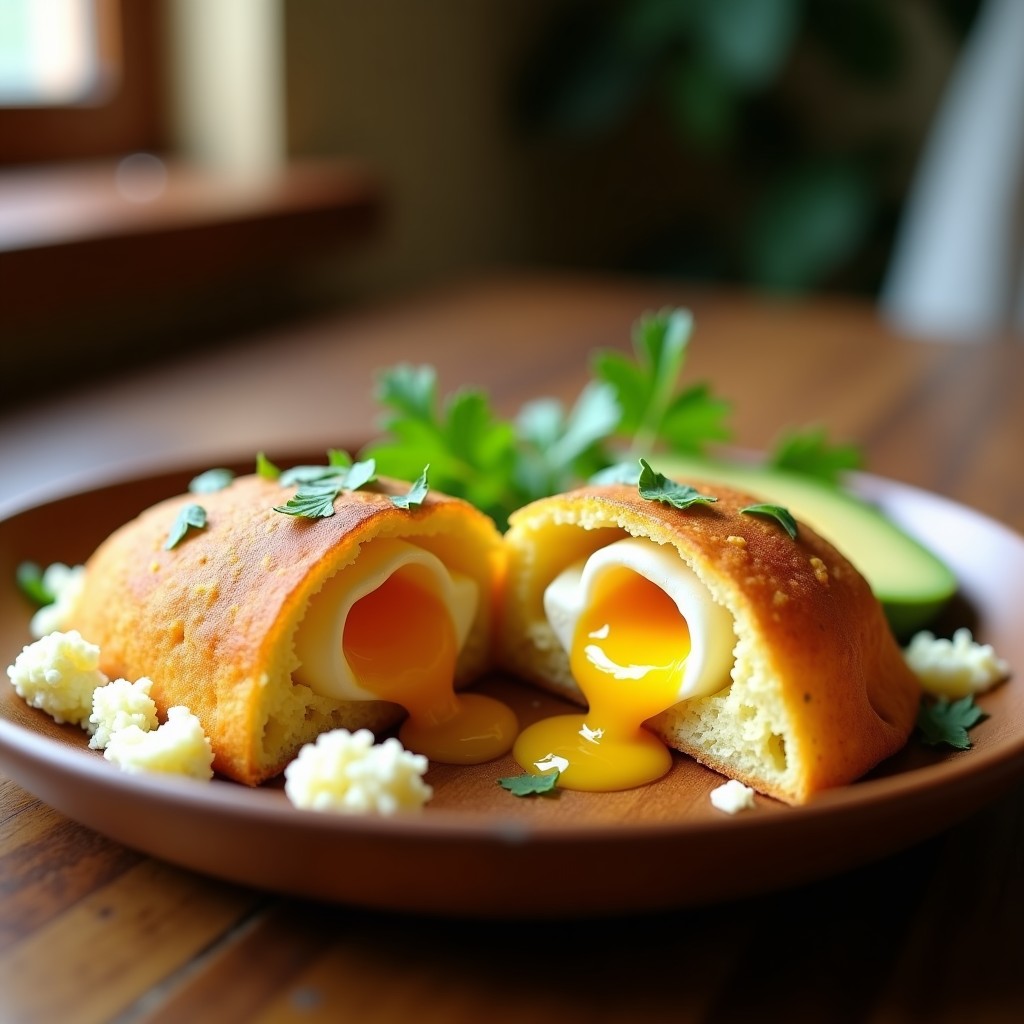 Arepas doradas de yuca rellenas de huevo y queso de siempreviva, servidas en un plato de barro con trozos de cebolla morada y perejil fresco. Desayuno venezolano sin harina, crujiente por fuera y cremoso por dentro.
