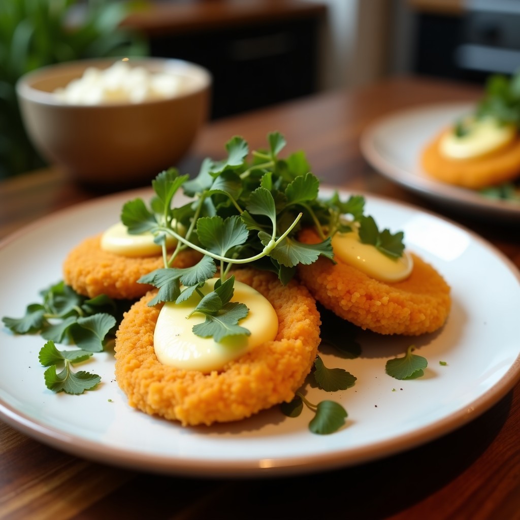 Arepas doradas de yuca rellenas de queso de anacardo cremoso y hongos portobello salteados, decoradas con perejil fresco y un chorrito de limón sobre un plato de madera rústica. Receta venezolana sin gluten y vegana.