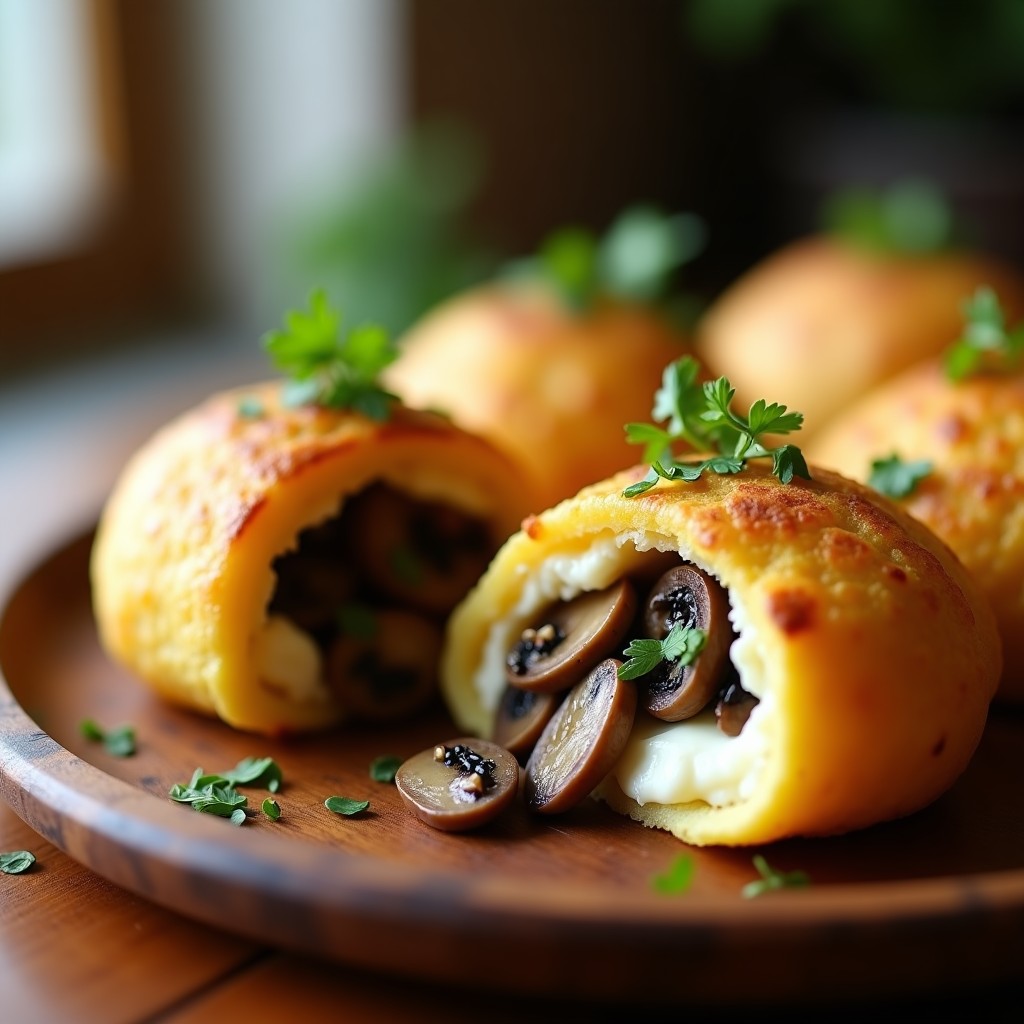 Arepas doradas de yuca rellenas de queso de cabra desmenuzable y champiñones salteados, servidas en un plato rústico de madera con perejil fresco como decoración.