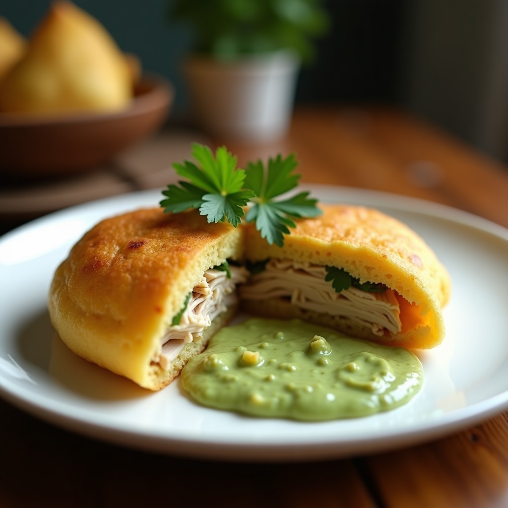 Arepas de yuca doradas y crujientes rellenas de pollo desmenuzado en salsa de tomate, servidas en un plato blanco con guasacaca cremosa y cilantro fresco, receta venezolana en Airfryer.