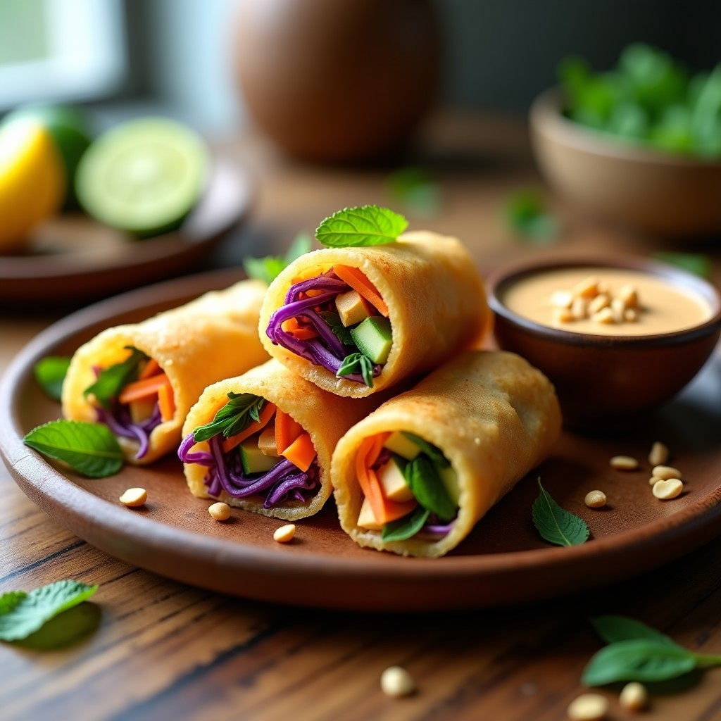 Arrolladitos de primavera vietnamita vegana en airfryer dorados y crujientes, servidos en un plato de madera con salsa de cacahuete y limón en un bol pequeño al lado, decorados con hierbabuena fresca y rodajas de limón.