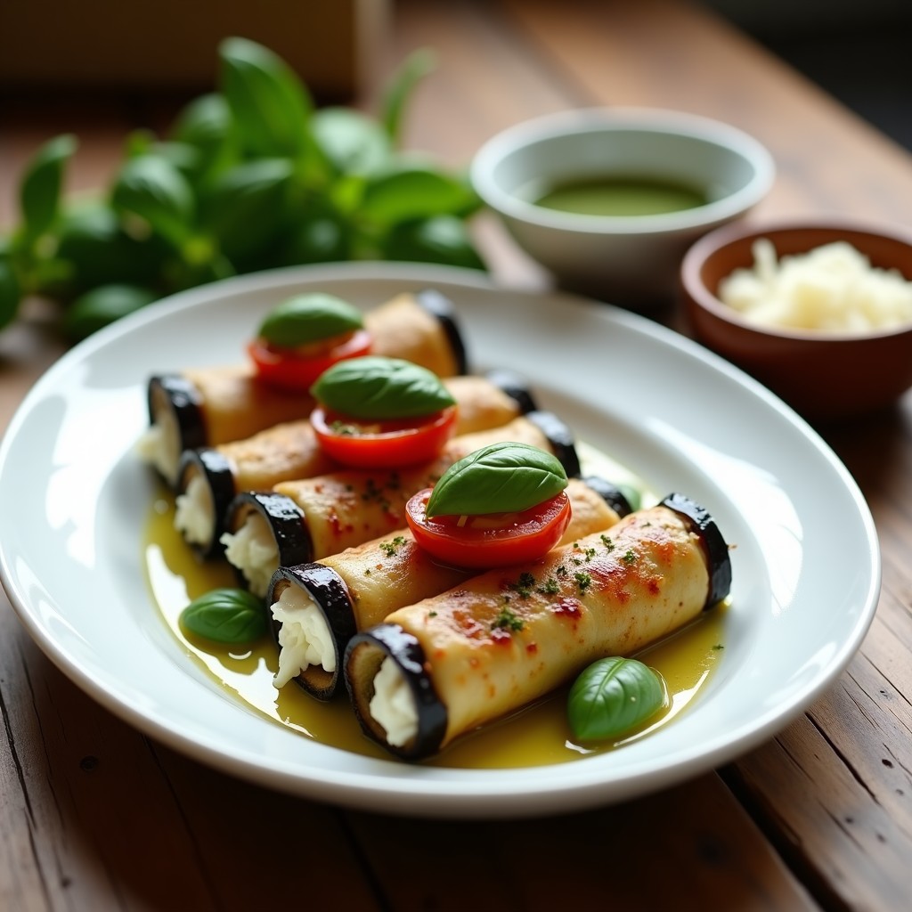 Plato blanco ovalado con arrollados de berenjena rellenos de ricotta y pesto de albahaca, decorados con tomates cherry asados y hojas de albahaca fresca, receta italiana vegetariana en 30 minutos.